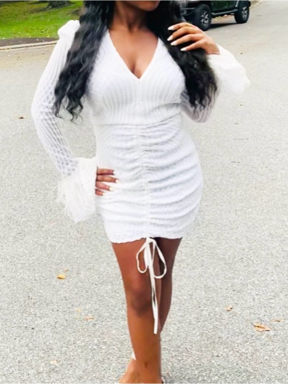 White V-Neck Ruched Long-Sleeve Mini Dress